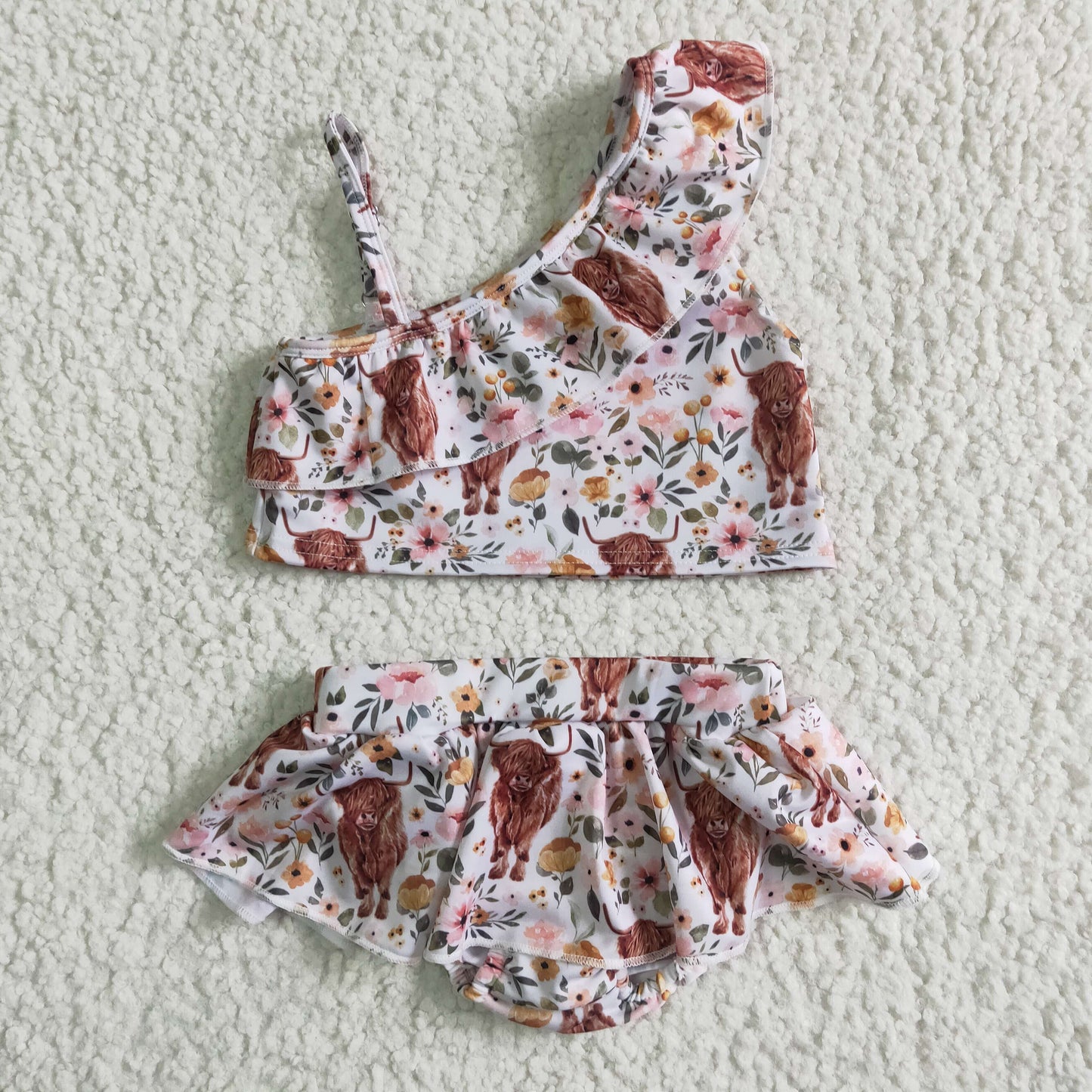 Girls Cow Pink Floral Bathing Suit 2pcs