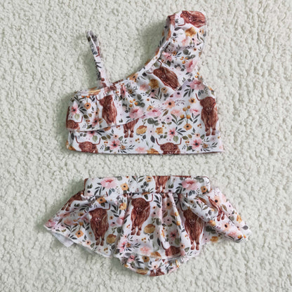 Girls Cow Pink Floral Bathing Suit 2pcs