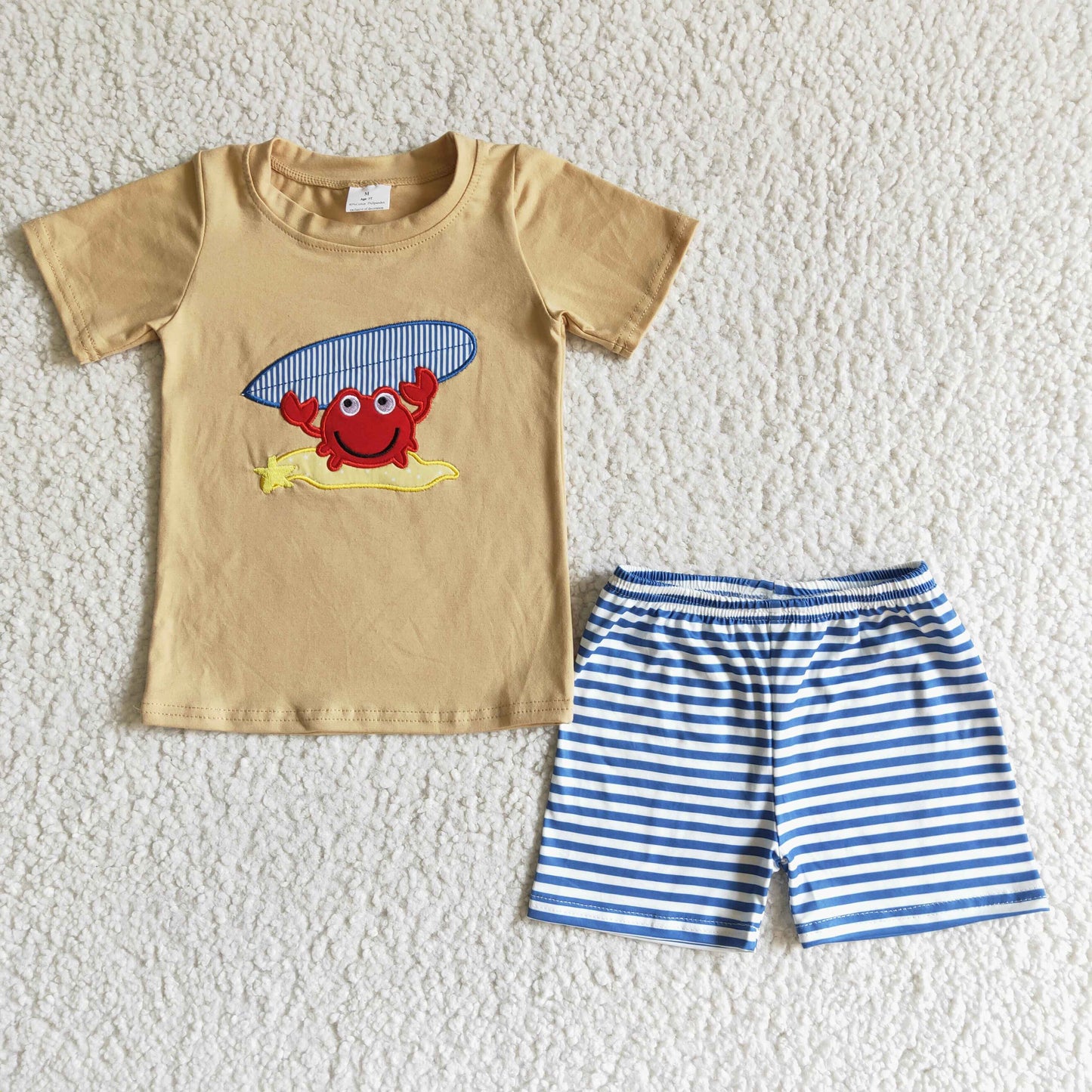 Boys Embroidery Crab Outfits Short Sleeves Stripe Shorts