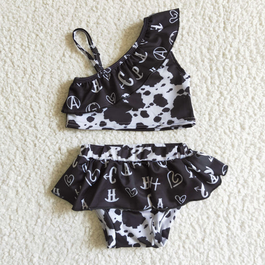 Girls Black Cow Bathing Suit 2pcs