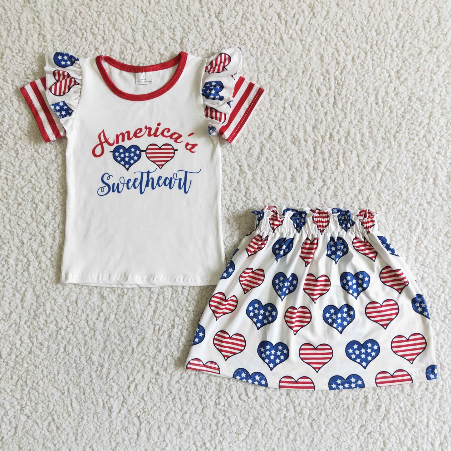 Girls American's Sweetheart Outfits Short Sleeves Red Blue Skirt