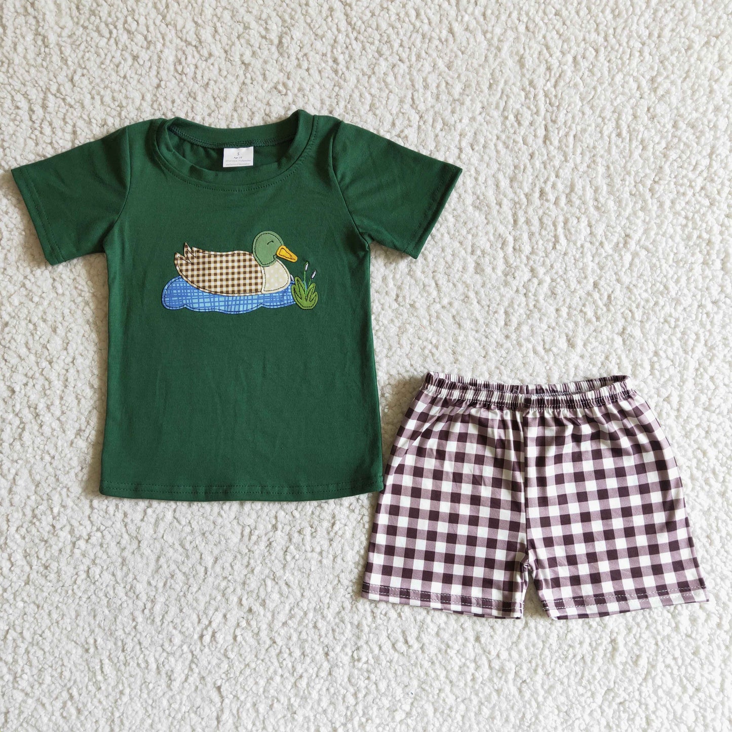 Boys Embroidery Mallard Green Outfits Short Sleeves Plaid Shorts