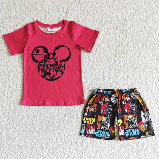 Boys Cartoon Outfits Short Sleeves red Shorts