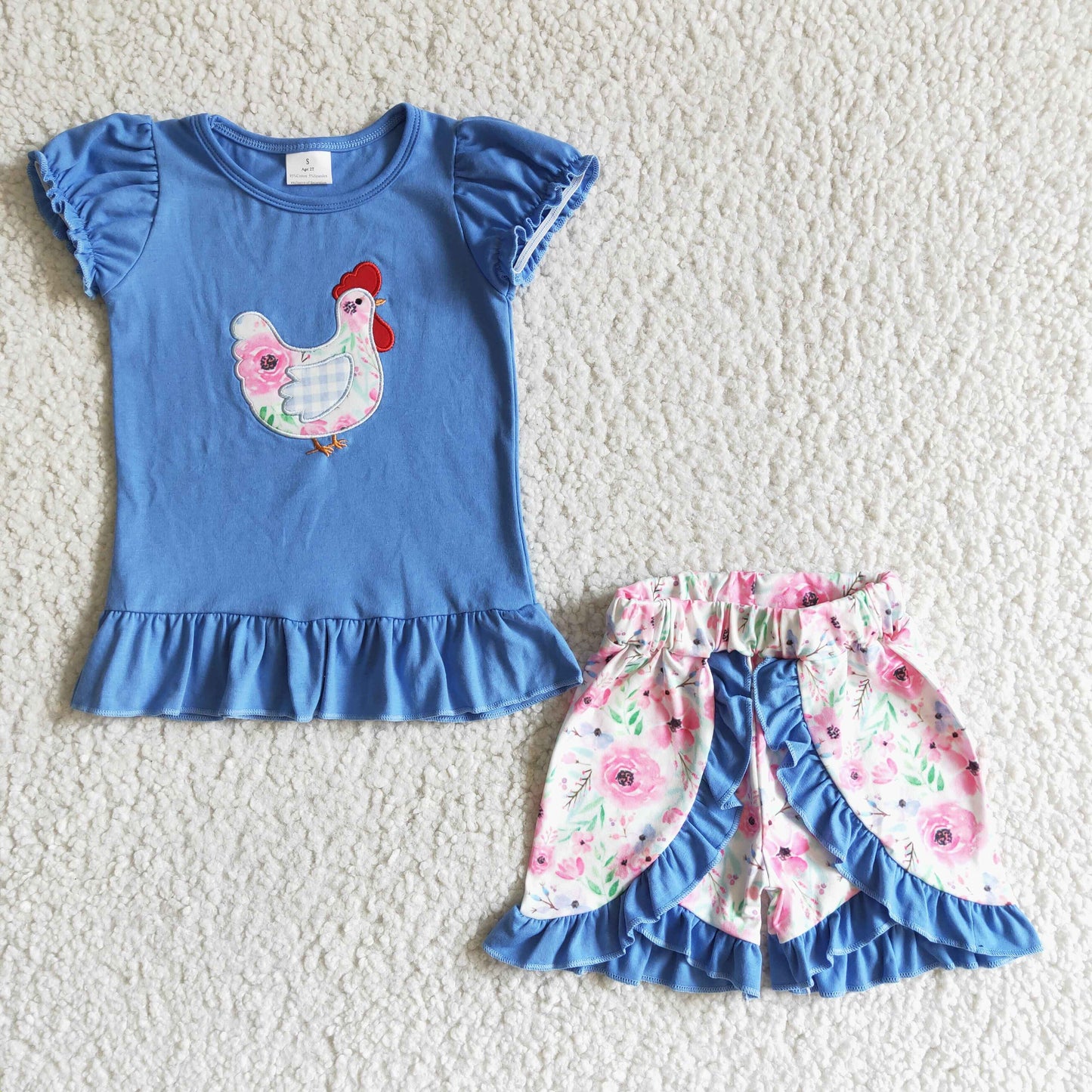 Girls Embroidery Chicken Blue Outfits Short Sleeves Floral Shorts