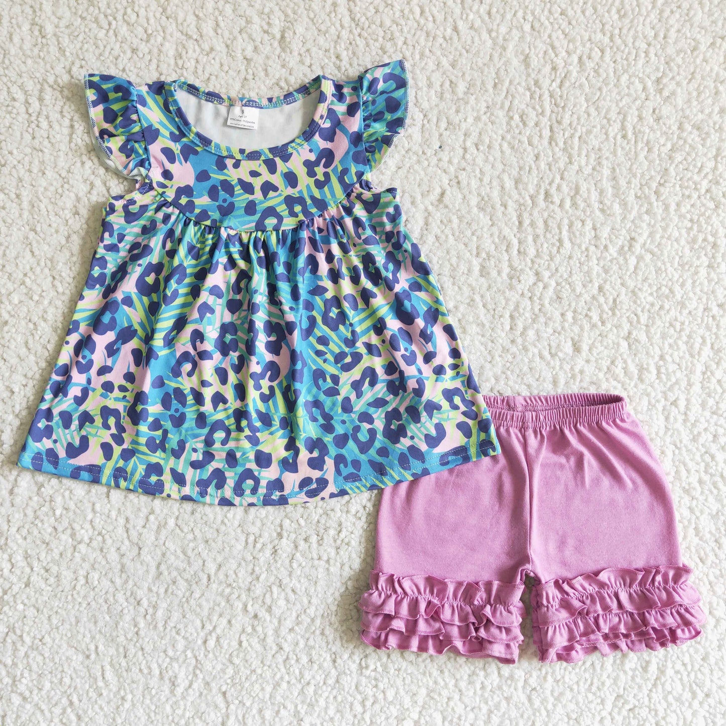 Girls Leopard Outfits Short Sleeves Pink Shorts