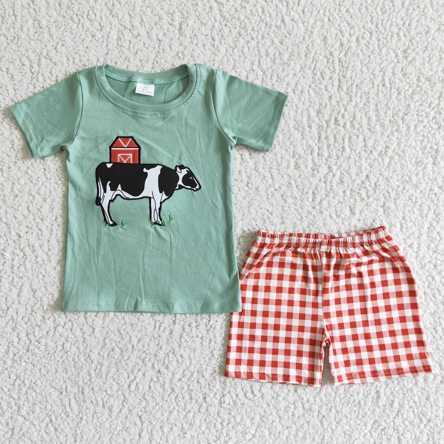 Boys Embroidery Cow Outfits Short Sleeves Plaid Shorts