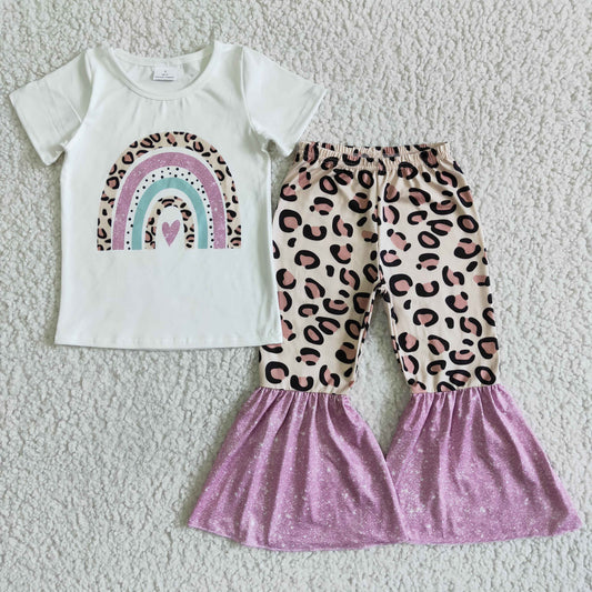 Girls Rainbow Outfits Short Sleeves Bell Bottom Pants