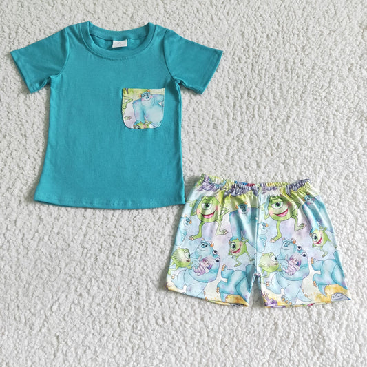 Boys Cartoon Outfits Short Sleeves Mint Shorts