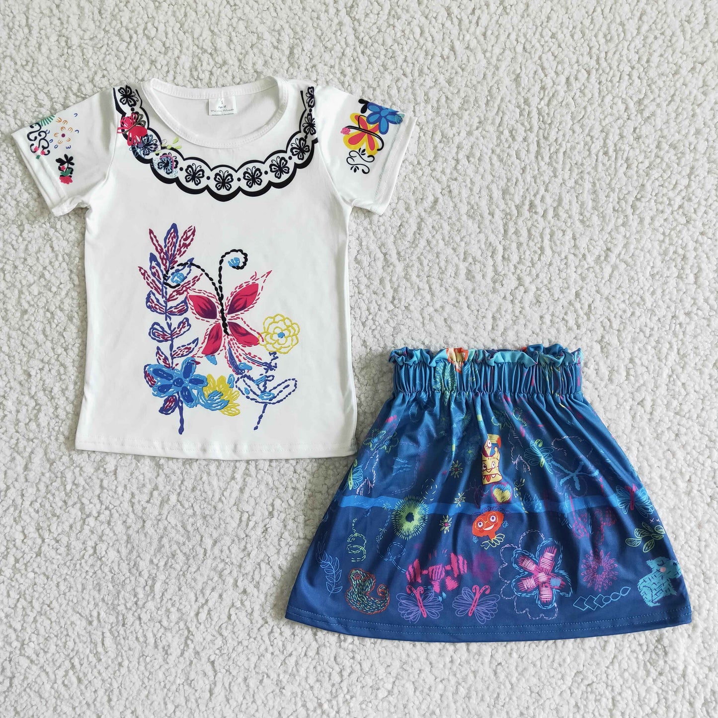 Girls Floral Outfits Short Sleeves Blue Skirt