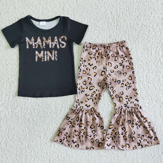 Girls Mama's Mini Outfits Short Sleeves Bell Bottom Leopard Pants