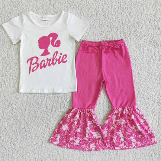 Girls Pink Outfits Short Sleeves Bell Bottom Pants