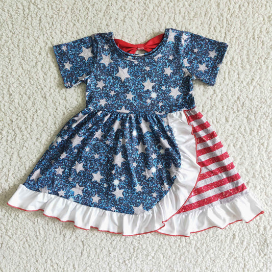 Girls Blue Stars Dress Short Sleeves