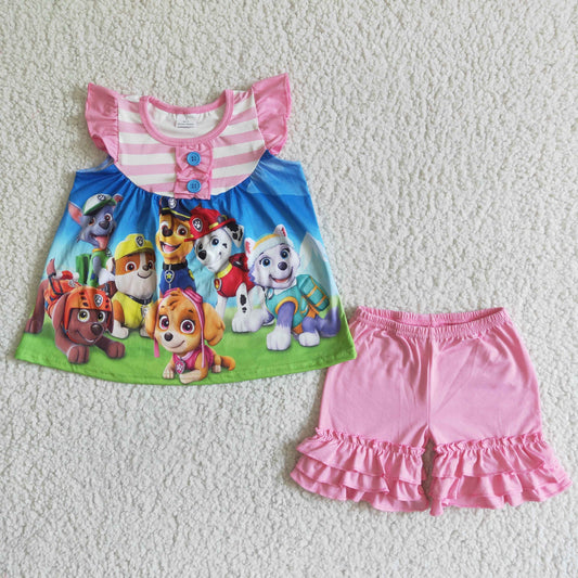 Girls Cartoon Outfits Short Sleeves Pink Shorts