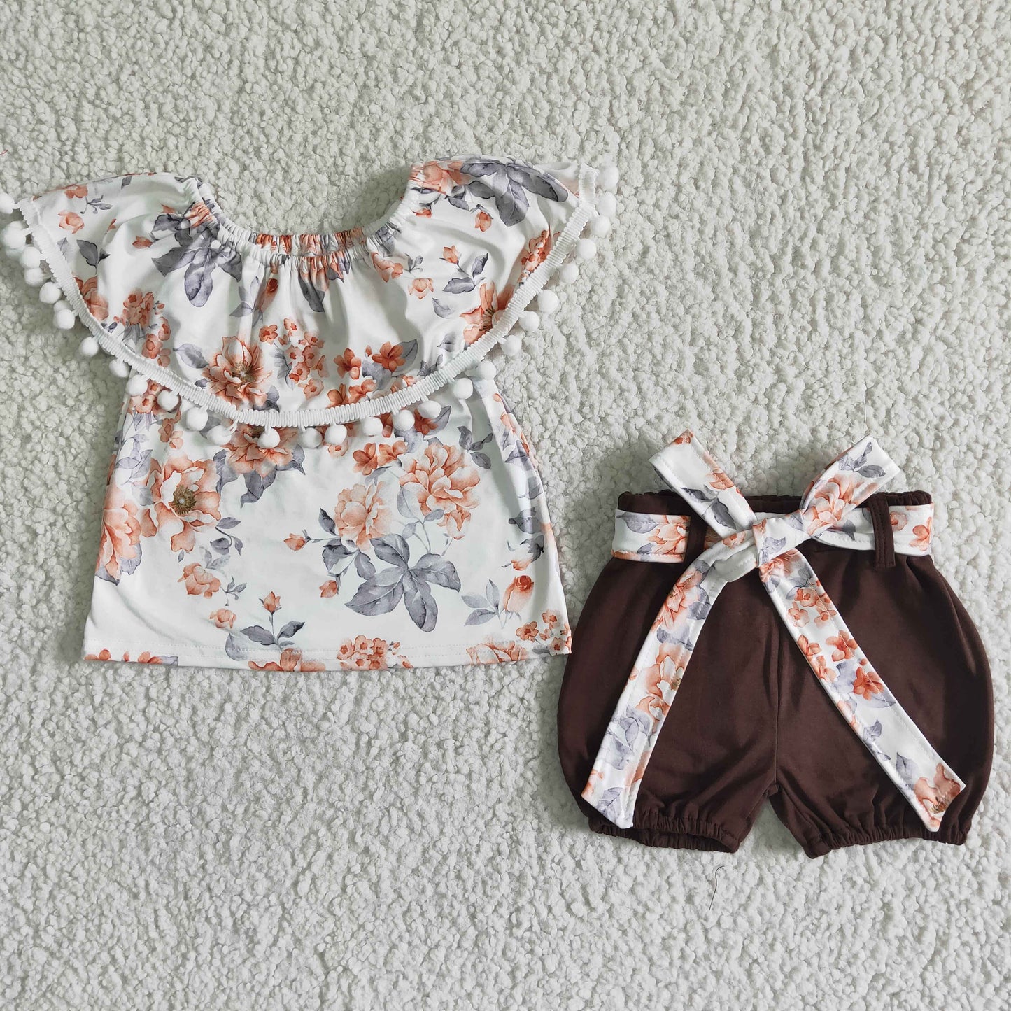 Girls Floral Outfits Short Sleeves Brown Shorts