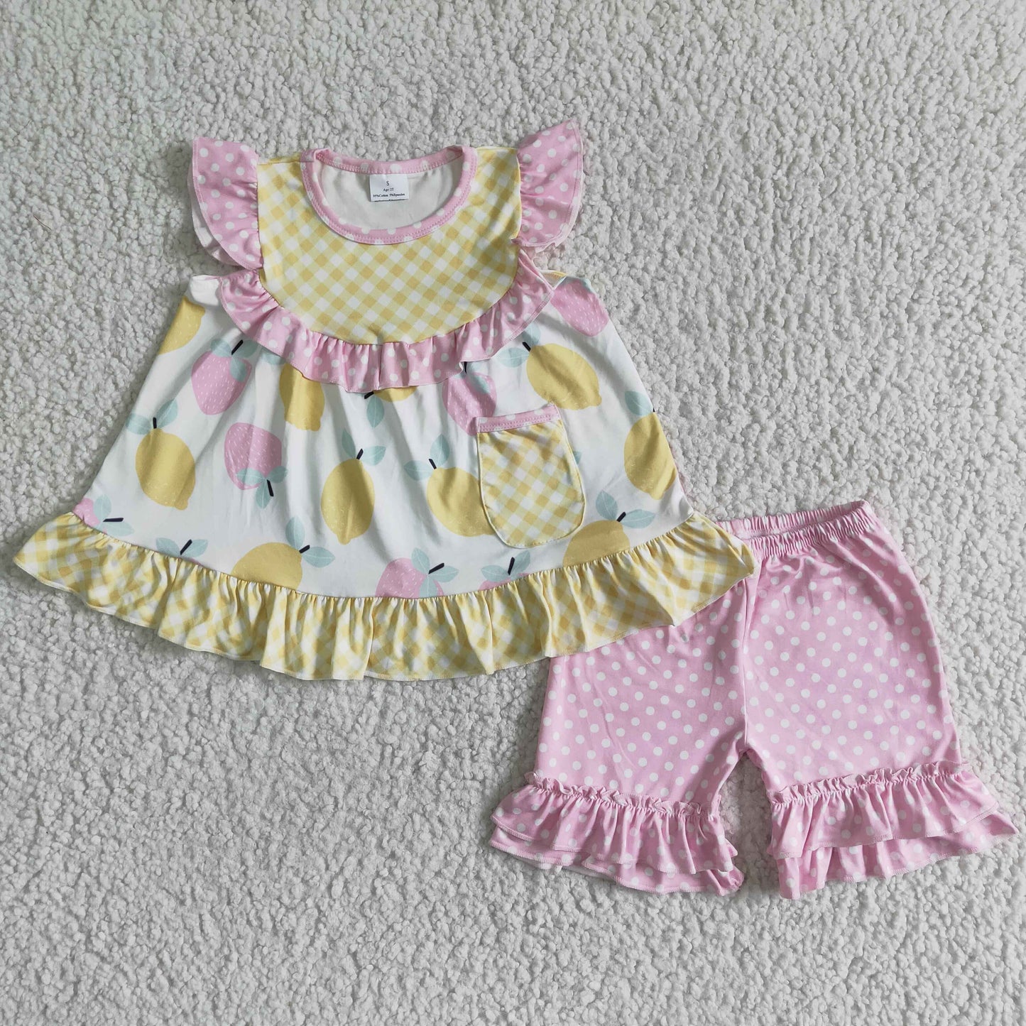 Girls Lemon Outfits Short Sleeves Pink Shorts