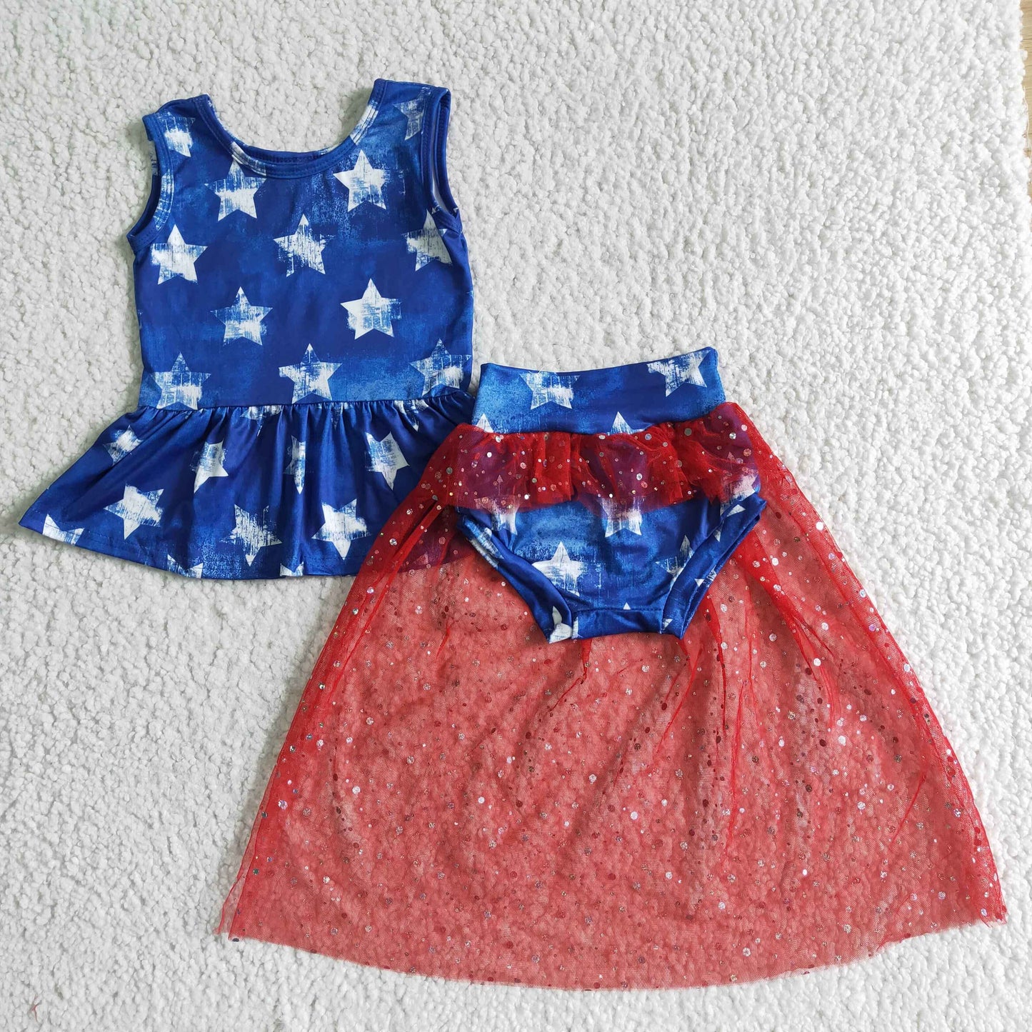 Girls July Fourth Blue Stars Bummies