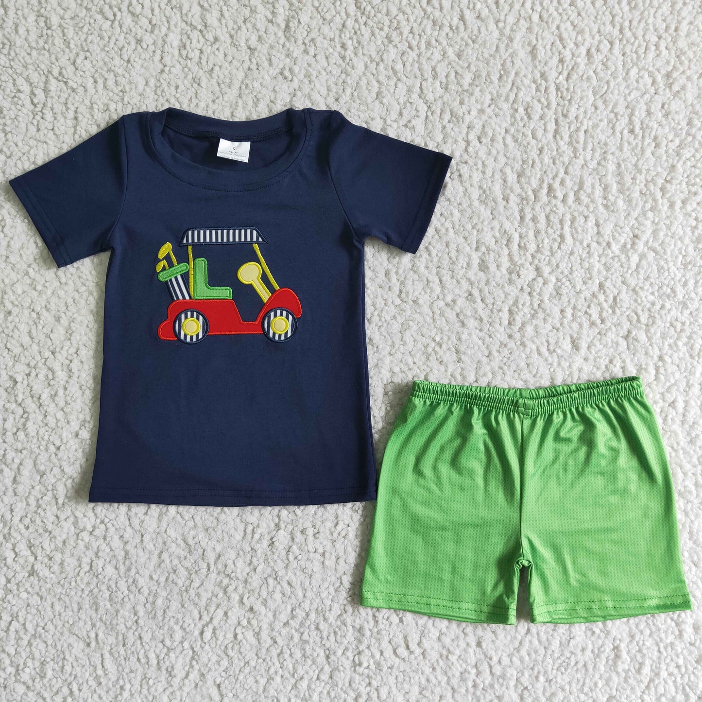 Boys Embroidery Truck Outfits Short Sleeves Green Shorts