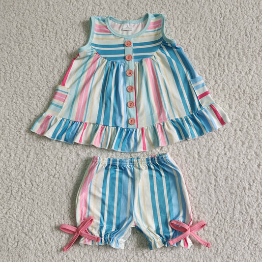 Girls Button Outfits Sleeveless Stripe Shorts