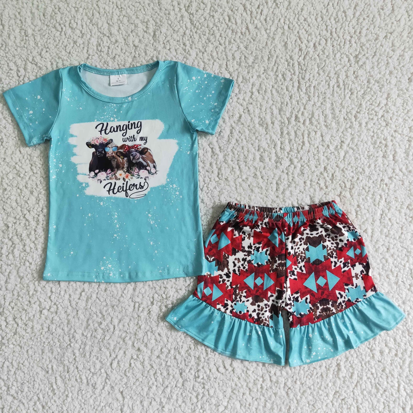 Girls Heifer Blue Outfits Short Sleeves Brown Shorts