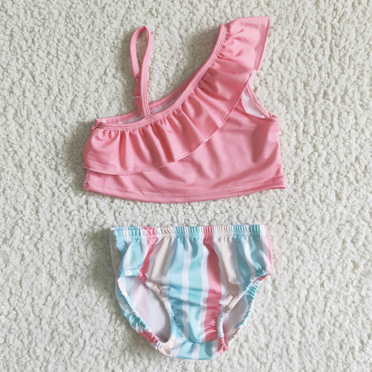 Girls Pink Stripe Bathing Suit 2pcs