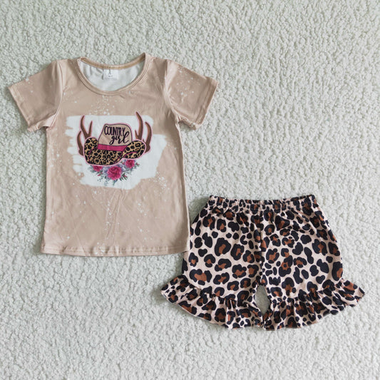 Girls Country Girl Outfits Short Sleeves Leopard Shorts