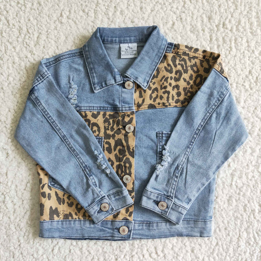 Girls Sky Blue Leopard Denim Jacket