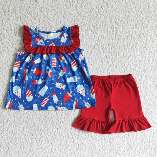 Girls Popsicle Outfits Flutter Sleeves Red Shorts