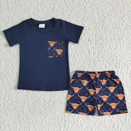 Boys Cow Outfits Short Sleeves Navy Shorts