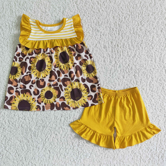 Girls Sunflowers Outfits Short Sleeves Yellow Shorts