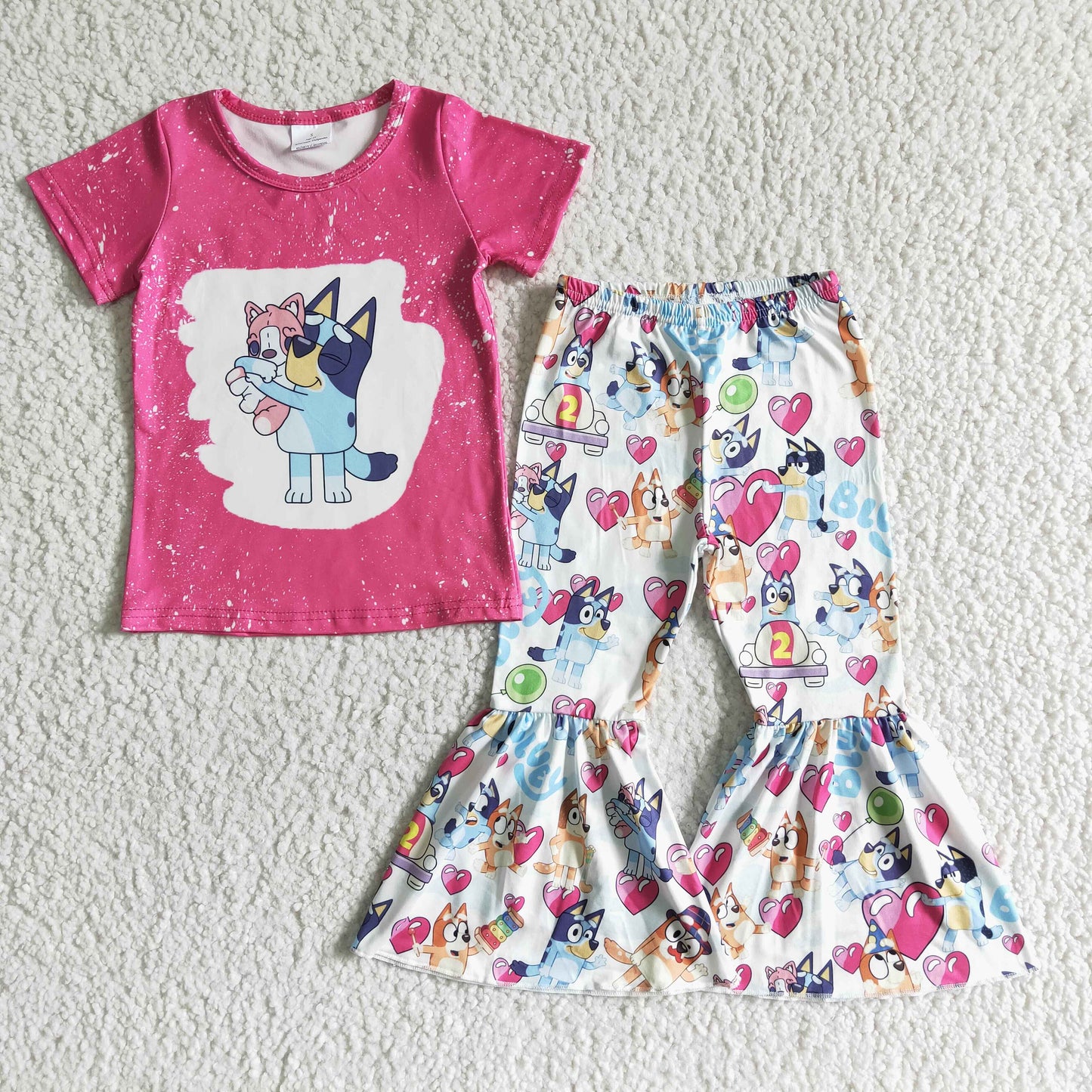 Girls Cartoon Pink Outfits Short Sleeves Bell Bottom Pants