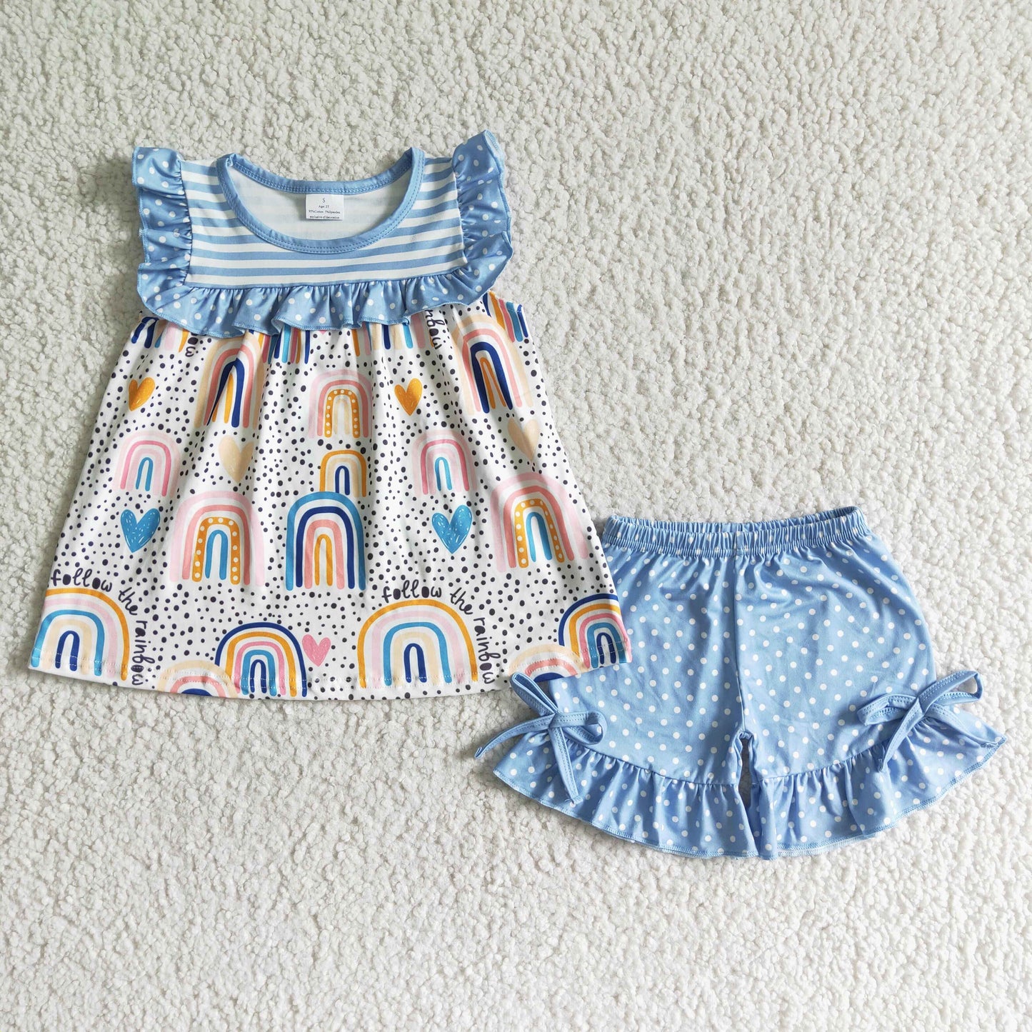 Girls Rainbow Outfits Short Sleeves Blue Shorts