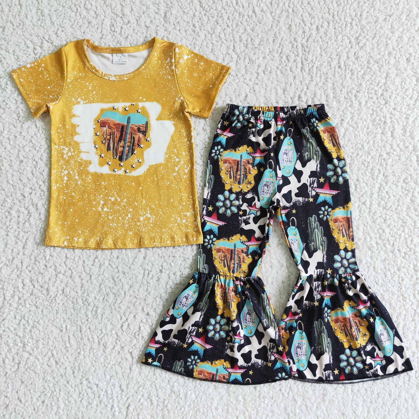 Girls Cactus Outfits Short Sleeves Bell Bottom Yellow Pants