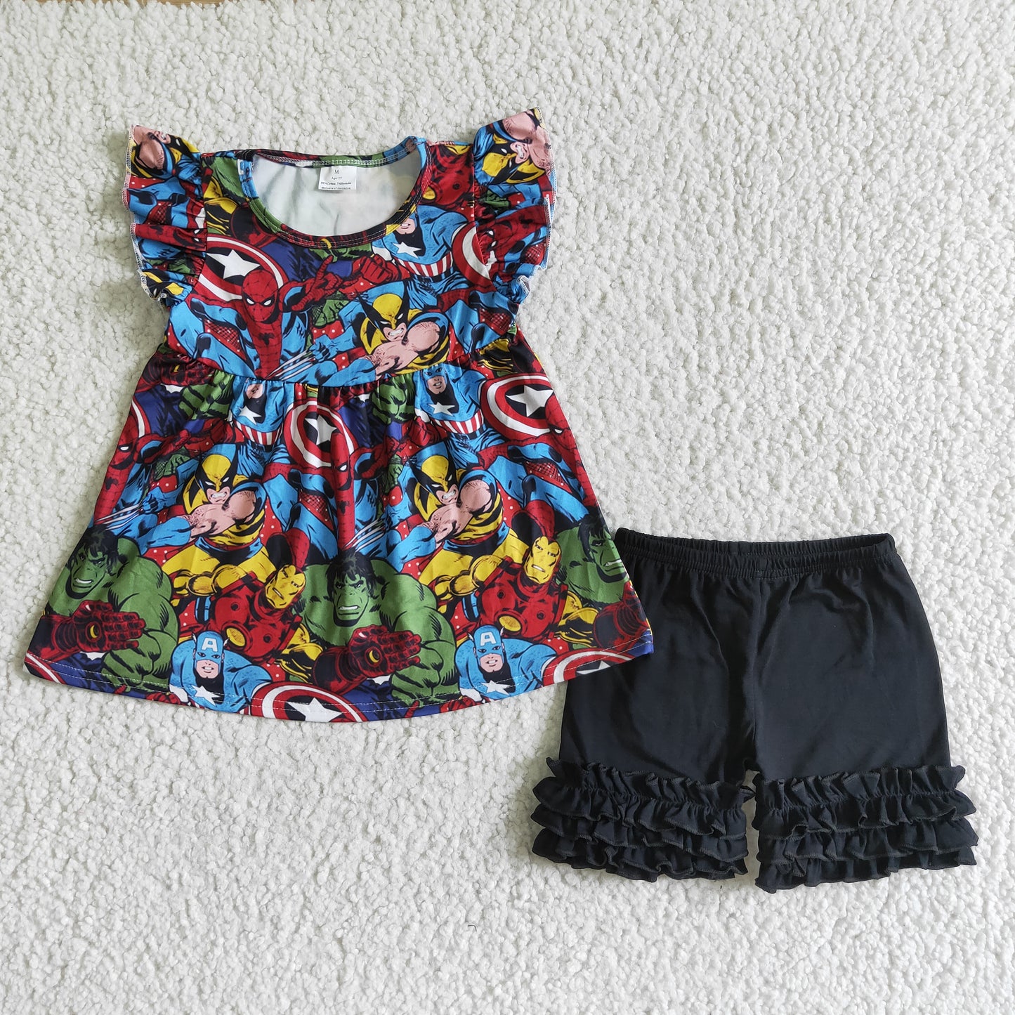 Girls Cartoon Outfits Short Sleeves Black Shorts