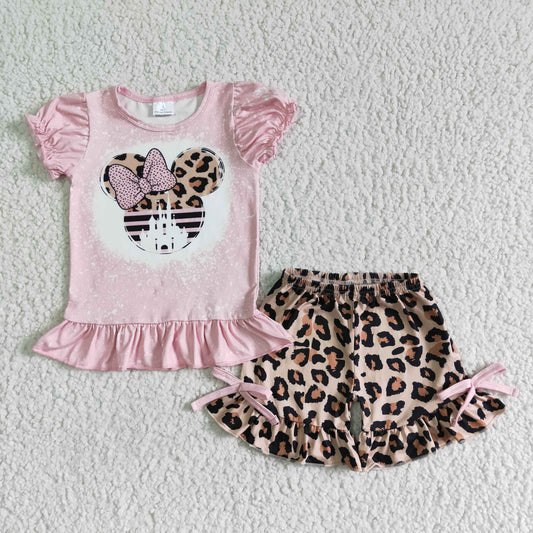 Girls Cartoon Pink Outfits Short Sleeves Leopard Shorts