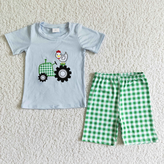 Boys Embroidery Truck Outfits Short Sleeves Green Shorts