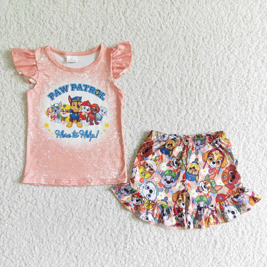 Girls Cartoon Outfits Short Sleeves Pink Shorts