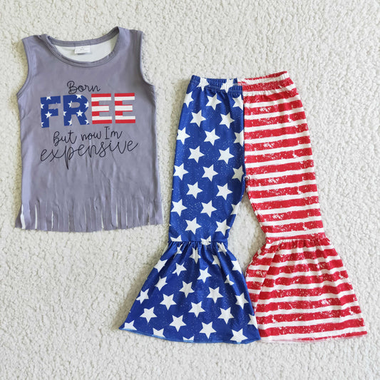 Girls Free Outfits Short Sleeves Blue Stars Red Stripe Pants