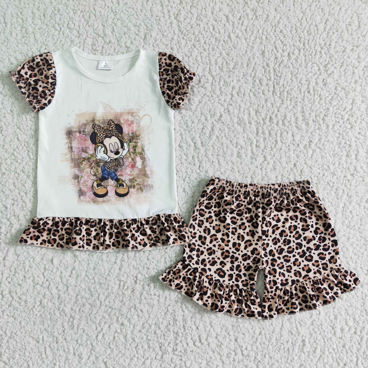 Girls Cartoon Outfits Short Sleeves Leopard Shorts