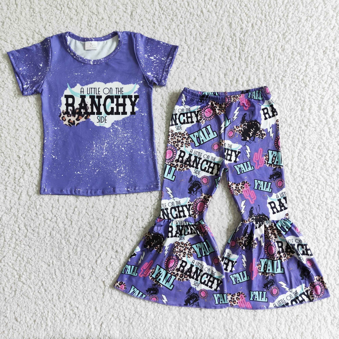 Girls Ranchy Purple Outfits Short Sleeves Bell Bottom Pants