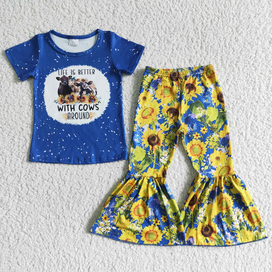 Girls Cow Outfits Short Sleeves Bell Bottom Sunflowers Pants