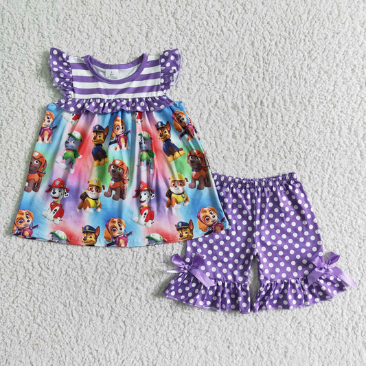 Girls Cartoon Purple Outfits Short Sleeves Polka Dot Shorts