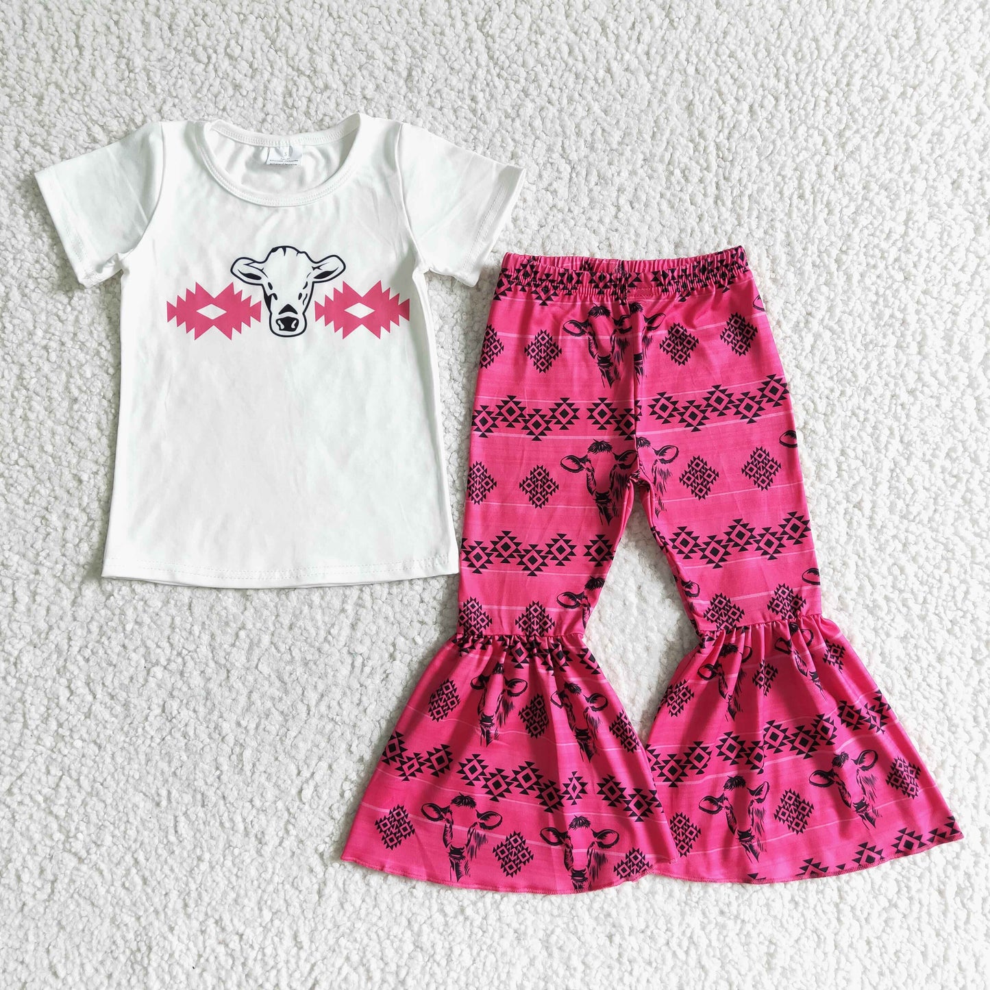 Girls Pink Cow Outfits Short Sleeves Bell Bottom Pants