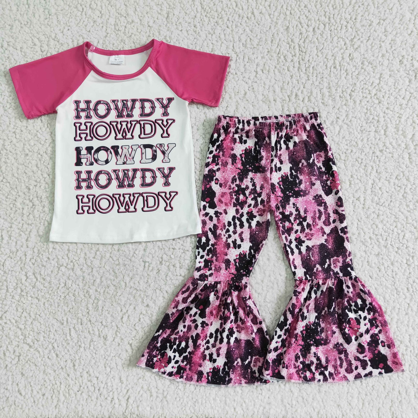 Girls Howdy Pink Outfits Short Sleeves Bell Bottom Pants