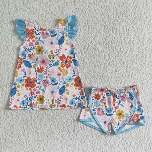 Girls Floral Outfits Short Sleeves Blue Shorts