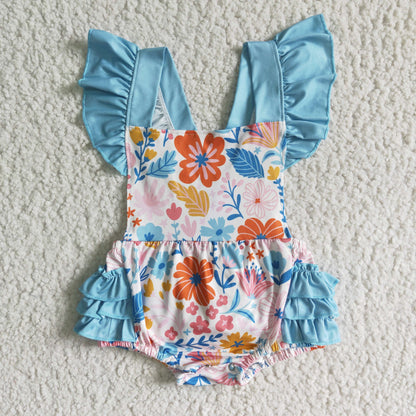 Girls Blue Floral Rompers Short Sleeves