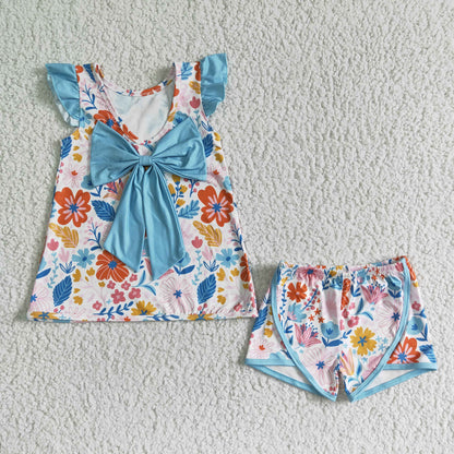 Girls Floral Outfits Short Sleeves Blue Shorts