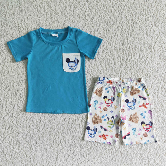 Boys Cartoon Outfits Short Sleeves Blue Shorts