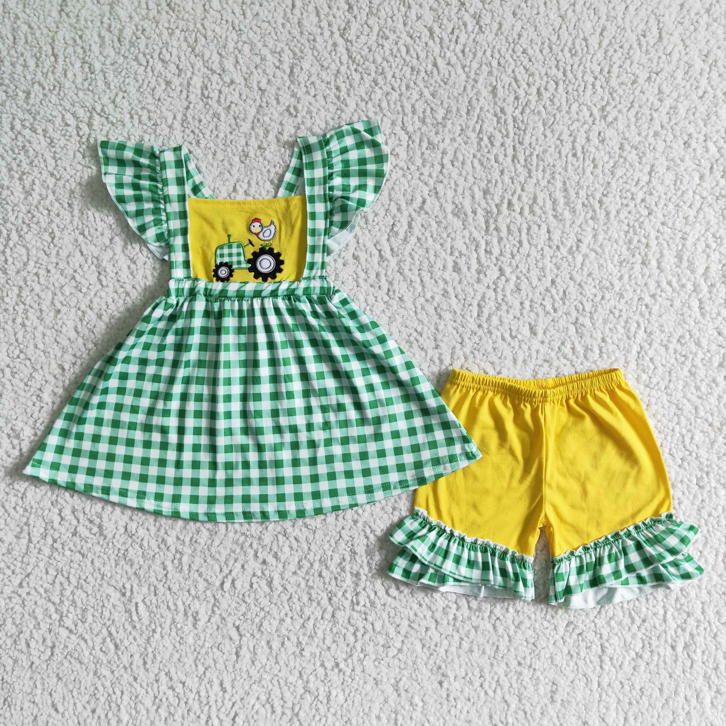 Girls Embroidery Truck Green Plaid Outfits Short Sleeves Yellow Shorts