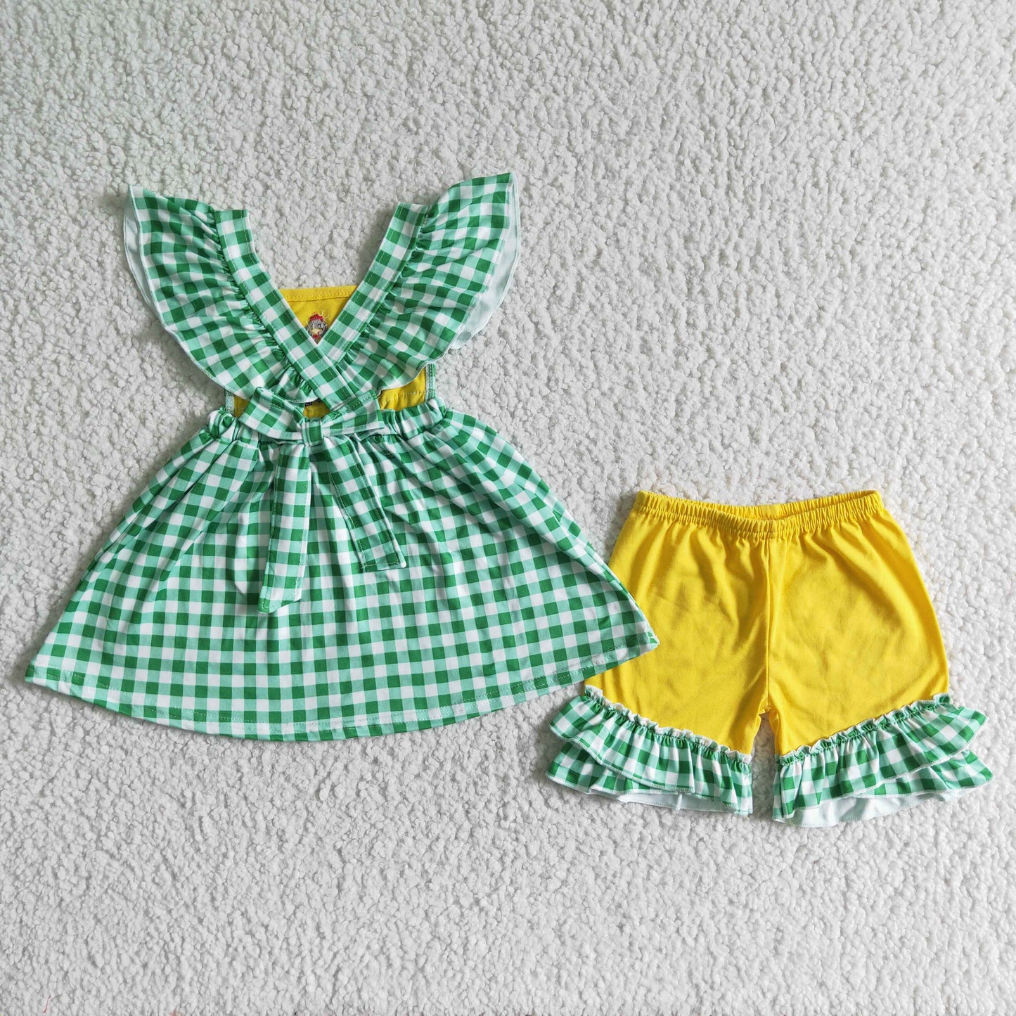 Girls Embroidery Truck Green Plaid Outfits Short Sleeves Yellow Shorts