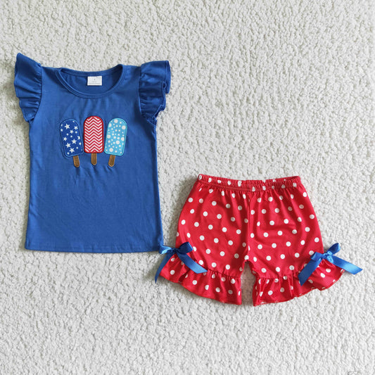 Girls Embroidery Popsicle Outfits Short Sleeves Red Shorts